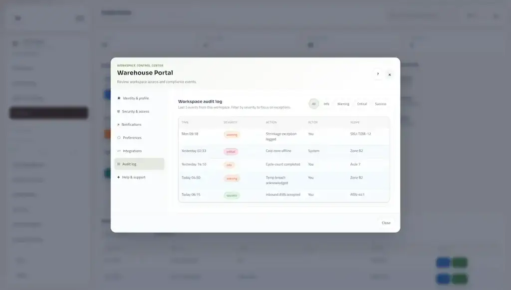 Agrimove Clone 69 Warehouse portal audit-log dialog listing warning, critical, informational, and successful events for shrinkage, cold zones, cycle counts, temperature breaches, and inbound scans