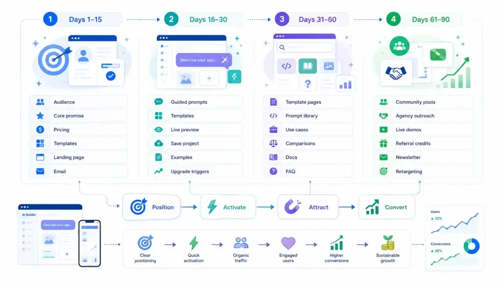 AI App Builder Go-to-Market Strategy: Attract Users, Improve Activation, and Build Organic Demand 2 90-day AI app builder go-to-market roadmap covering positioning, activation, organic acquisition, community outreach, referrals, and conversion growth