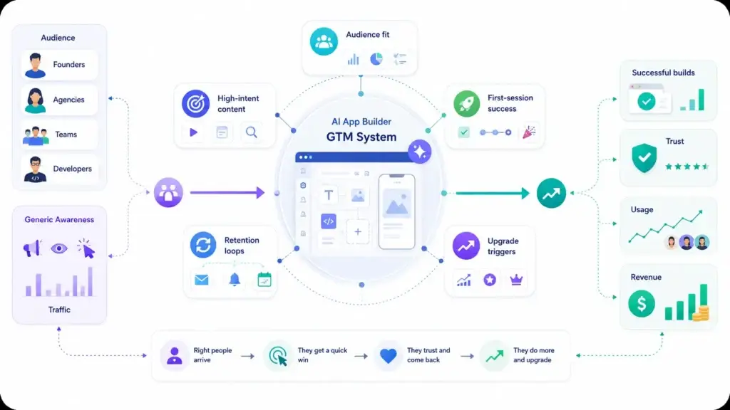 AI App Builder Go-to-Market Strategy: Attract Users, Improve Activation, and Build Organic Demand 1 AI app builder go-to-market system showing audience targeting, high-intent content, activation, retention loops, upgrade triggers, usage growth, trust, and revenue