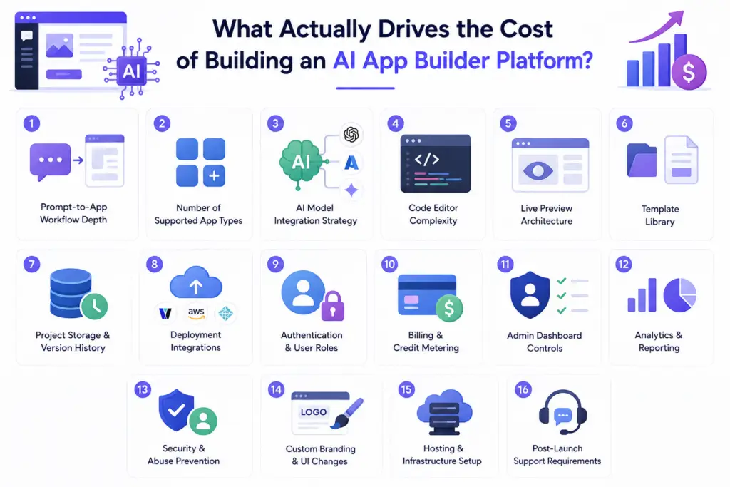 AI App Builder Platform Architecture: How Prompt-to-App Products Work Behind the Scenes 2 AI app builder platform development cost factors including prompt-to-app workflow depth, supported app types, AI model integrations, code editor, live preview, templates, storage, deployment, authentication, billing, admin controls, analytics, security, branding, hosting, and support
