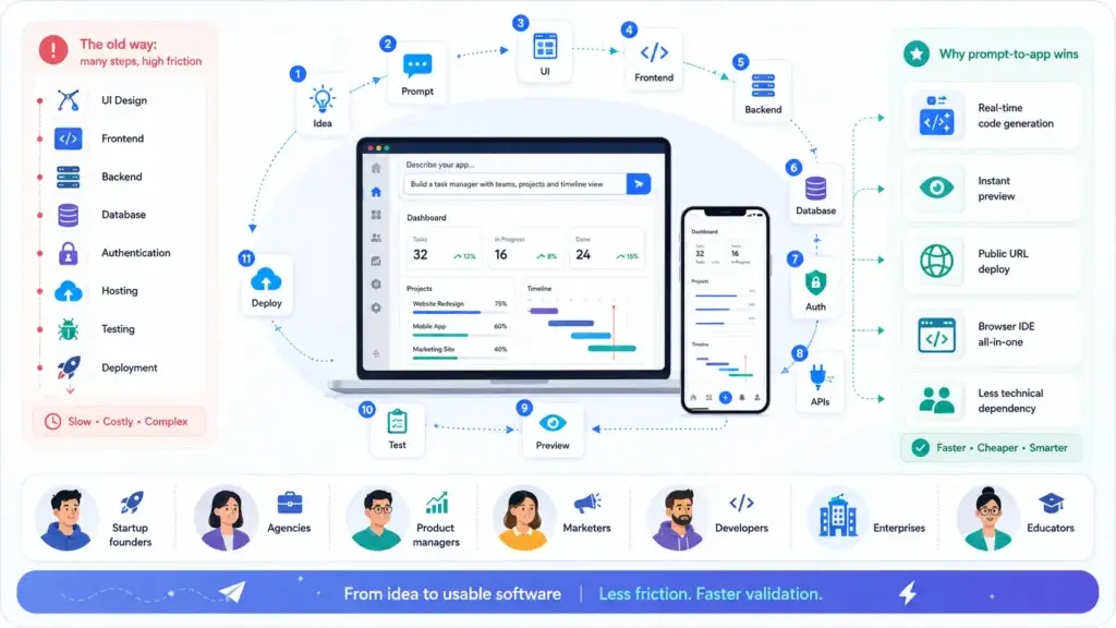 What Is a Bolt.new-Like App and How Does a Prompt-to-App AI Builder Work? 1 AI app builder platform workflow from prompt and UI generation to backend, database, APIs, testing, and deployment