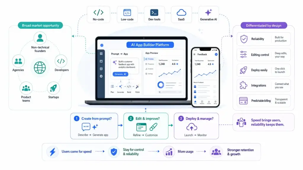 Bolt.new Clone Script Features and Pricing: What It Takes to Build an AI App Builder Platform 1 AI app builder platform opportunity for founders, agencies, developers, and product teams with no-code, low-code, SaaS, and generative AI