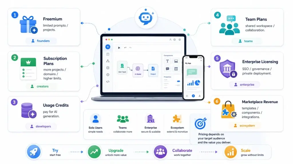 Bolt.new Clone Script Features and Pricing: What It Takes to Build an AI App Builder Platform 2 AI app builder platform revenue model with freemium, subscriptions, usage credits, team plans, enterprise licensing, and marketplace revenue