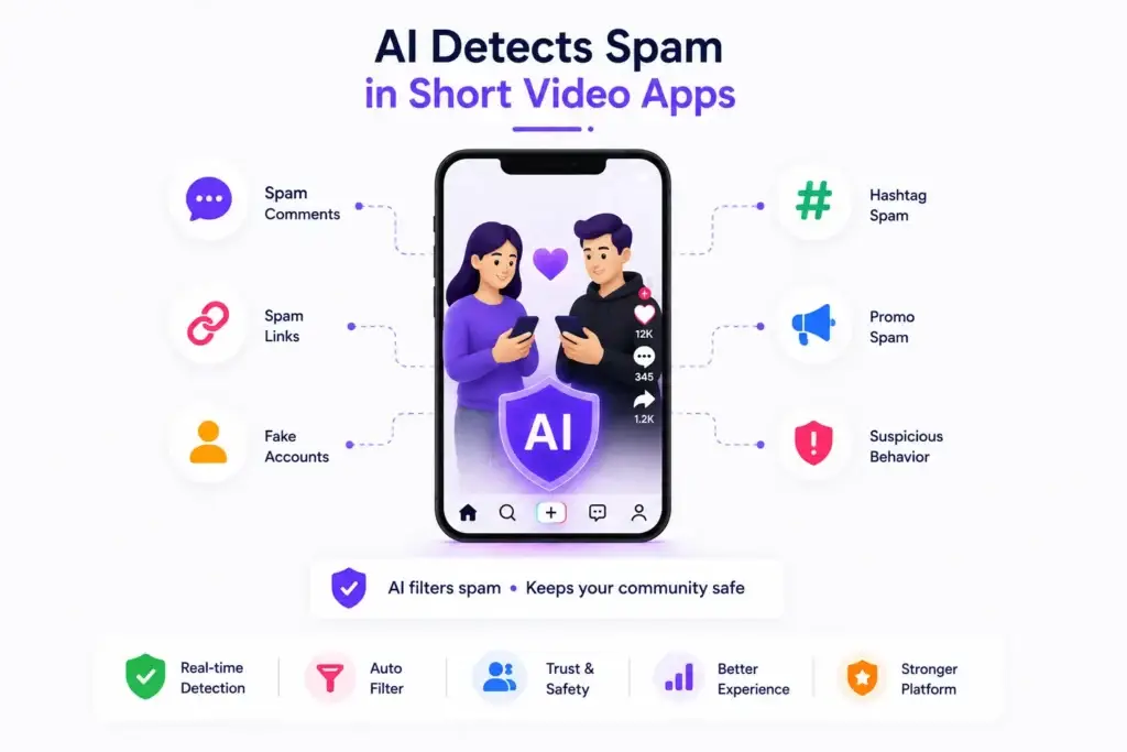 How Can AI Help Short Video Apps Detect Spam, Harmful Content, and Fake Engagement? 1 AI moderation workflow for short video apps from content upload and AI scanning to risk scoring, admin review, creator notice, and appeal