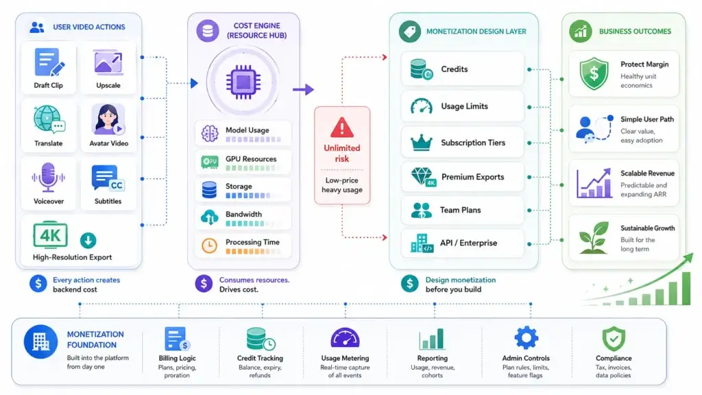 What Are the Best Monetization Opportunities for AI-Powered Video Creation Platforms? 1 AI video platform monetization model showing usage-based costs, credits, subscriptions, premium exports, team plans, and API access