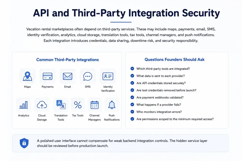 Vacation Rental Marketplace Security Checklist: Guest, Host, Payment, and Admin Controls Founders Should Review 2 API and third-party integration security for vacation rental marketplaces covering payments, maps, identity verification, cloud storage, and notifications