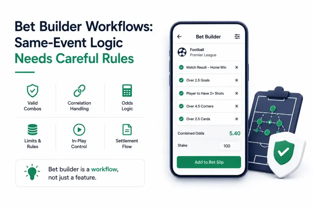 Sports Betting Platform Planning: Real-Time Odds, Bet Builders, Cash Out, and Settlement Workflows 1 Bet builder workflow showing same-event logic, odds rules, limits, in-play controls, correlation handling, and settlement flow.