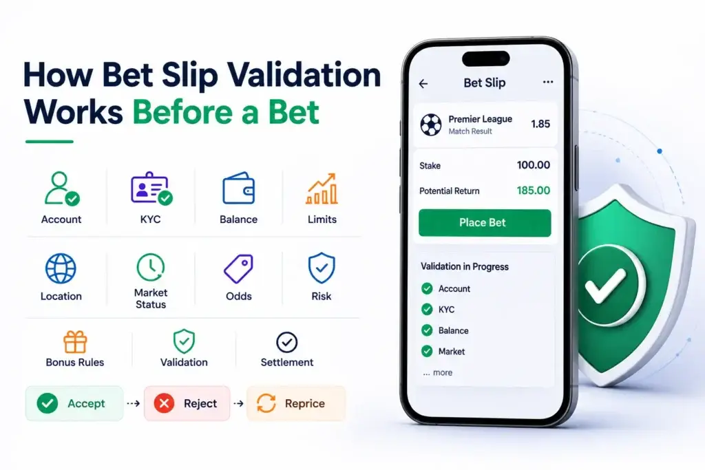How Does a Sports Betting Platform Manage Odds, Markets, Bets, and Payouts in Real Time? 1 Bet slip validation workflow checking account, KYC, balance, limits, location, market status, odds, risk, and bonus rules before accepting a bet.