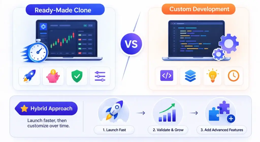 Blueberry Markets Clone Script Features and Pricing: Build a Modern Trading Platform in 2026 2 Ready-made Blueberry Markets clone vs custom trading platform development comparison with speed, cost, security, customization, and hybrid approach