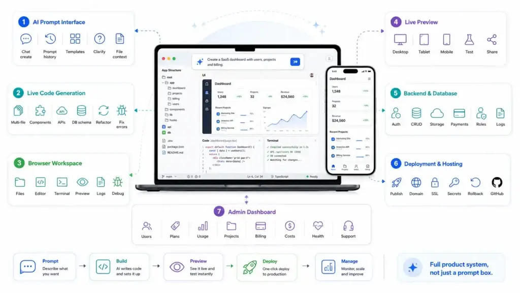 What Is a Bolt.new-Like App and How Does a Prompt-to-App AI Builder Work? 2 Bolt.new clone AI app builder with prompt interface, live code generation, backend, database, preview, and deployment features