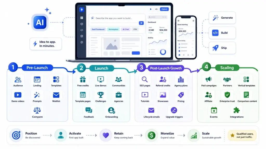 Best Marketing Strategies to Grow a Bolt.new Clone AI App Builder Platform 2 Bolt.new clone marketing strategy covering pre-launch, launch, post-launch growth, and scaling for an AI app builder platform