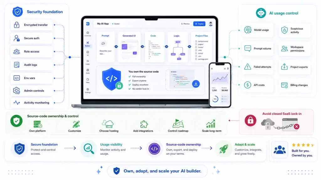 Why AI Startups Choose a Bolt.new Clone Over Custom AI App Builder Development 2 Bolt.new clone with source code ownership, security controls, AI usage management, customization, and scalable infrastructure