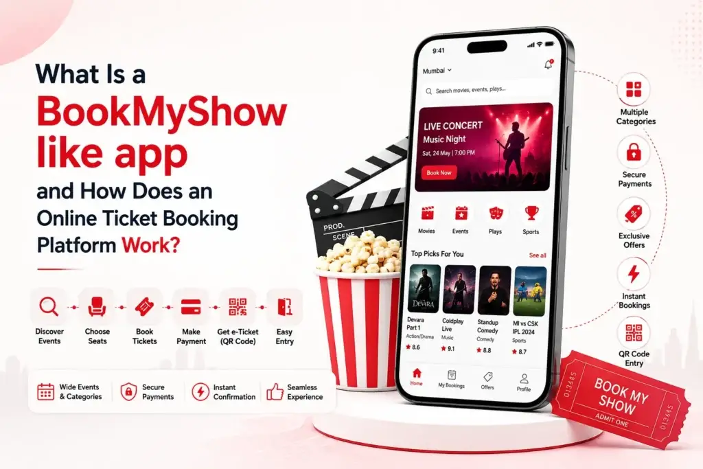 BookMyShow-like app showing event discovery, seat selection, secure payments, QR tickets, offers, and instant booking