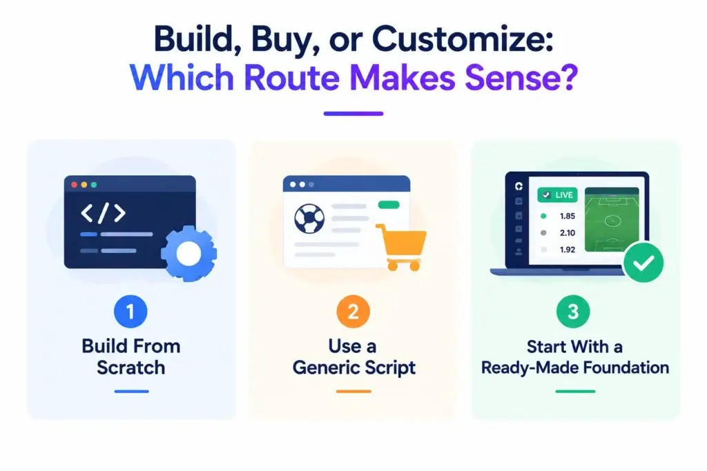 Sports Betting Platform Planning: Real-Time Odds, Bet Builders, Cash Out, and Settlement Workflows 2 Build, buy, or customize a Sports Betting Platform Planning using custom development, a generic script, or a ready-made foundation.