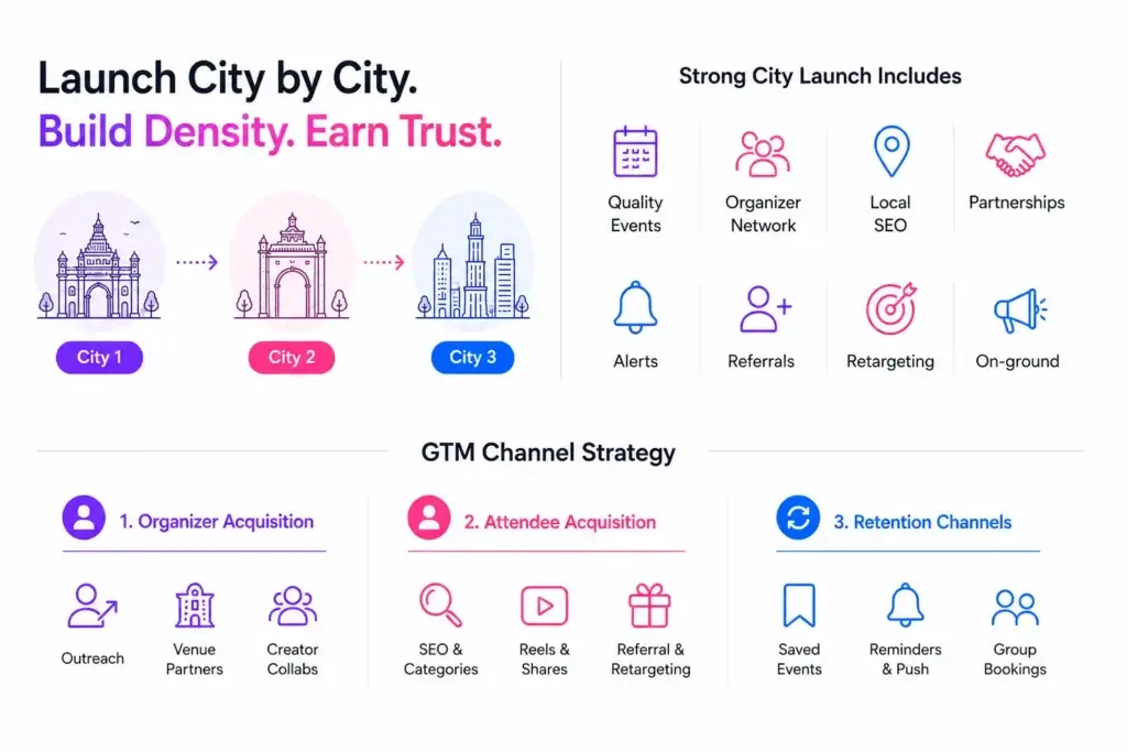 What Is the Best Go-to-Market Strategy for a New Ticketing and Event Discovery Platform? 2 City-by-city launch strategy for an event discovery platform with organizer acquisition, attendee acquisition, and retention channels