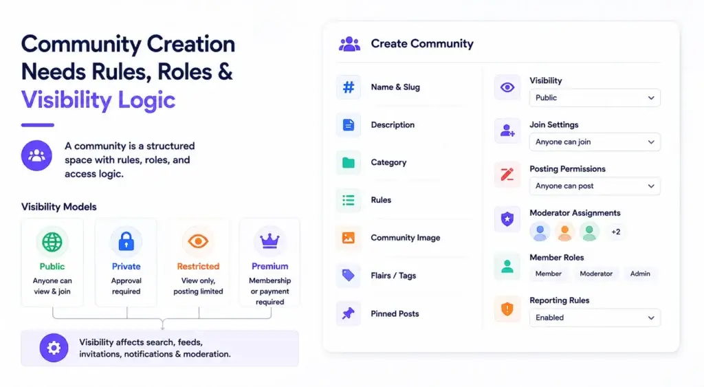 Why Building a Community Discussion Platform From Scratch Takes Longer Than Founders Expect 1 community discussion platform development creation system showing rules, member roles, visibility settings, posting permissions, moderator assignments, and access controls