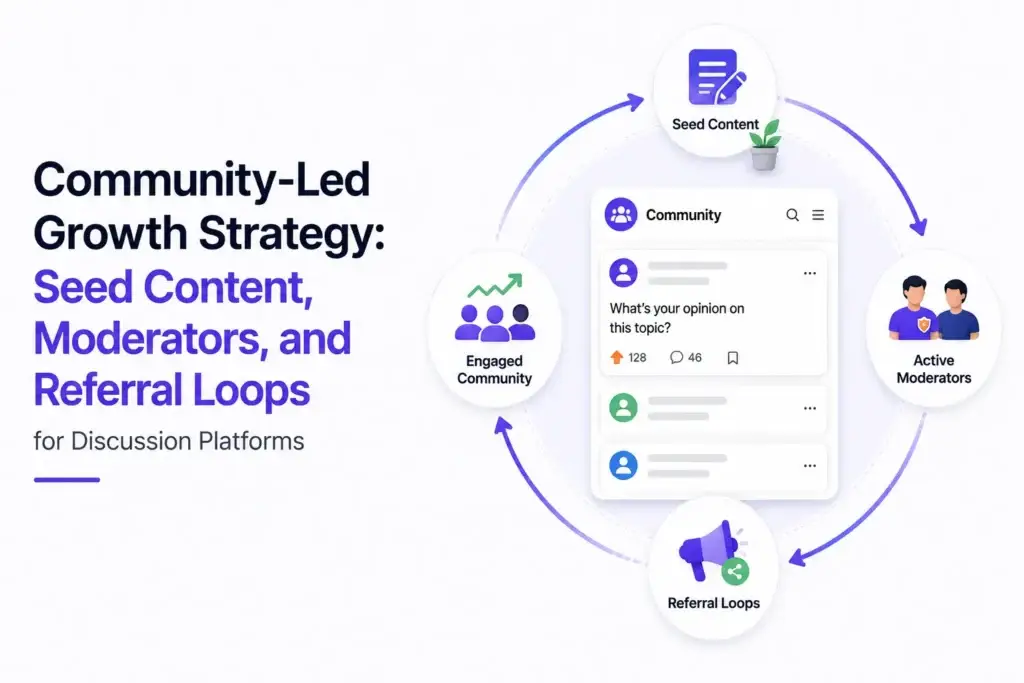 community-led growth strategy showing seed content, active moderators, referral loops, and an engaged discussion platform community