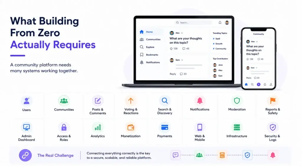 Community Platform Build Strategy for Startups: Validate Faster Without Overbuilding From Zero 1 Community platform development requirements showing users, communities, posts, voting, search, notifications, moderation, analytics, payments, infrastructure, and security