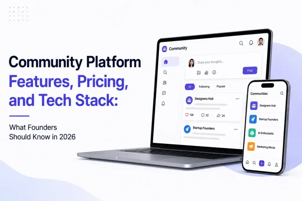 Community platform features, pricing, and tech stack visual showing web and mobile discussion platform interfaces for founders in 2026