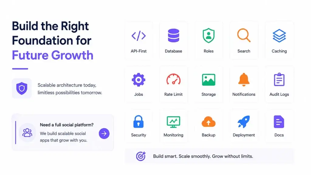 Why Building a Community Discussion Platform From Scratch Takes Longer Than Founders Expect 2 Community platform architecture for future growth showing APIs, database, roles, search, caching, security, monitoring, backups, and deployment