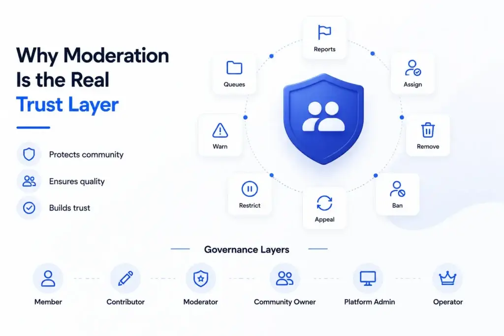 What Is a Reddit Clone App and How Does It Work? 2 Community platform moderation trust layer showing reports, queues, warnings, restrictions, appeals, bans, role assignments, and governance controls