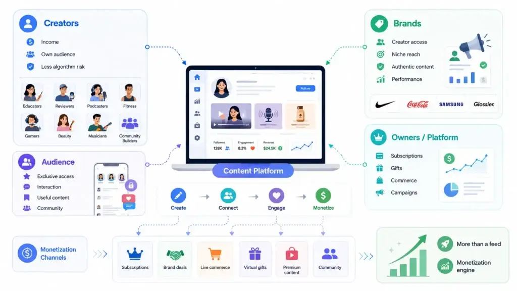 Content Creation Platform for Creators and Brands: Combining Audience Growth With Direct Monetization 1 Content creation platform ecosystem connecting creators, brands, audiences, monetization, subscriptions, and community engagement