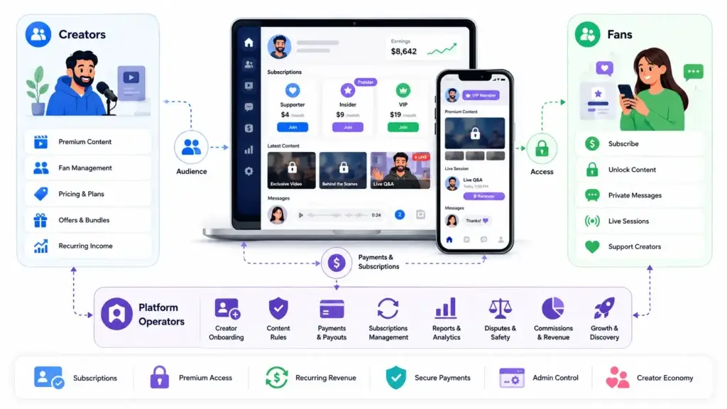 How Do Creator Subscription Platforms Combine Memberships, Paid Content, Messaging, and Live Sessions? 1 Creator subscription platform ecosystem connecting creators, fans, subscriptions, premium content, payments, messaging, live sessions, and platform operators