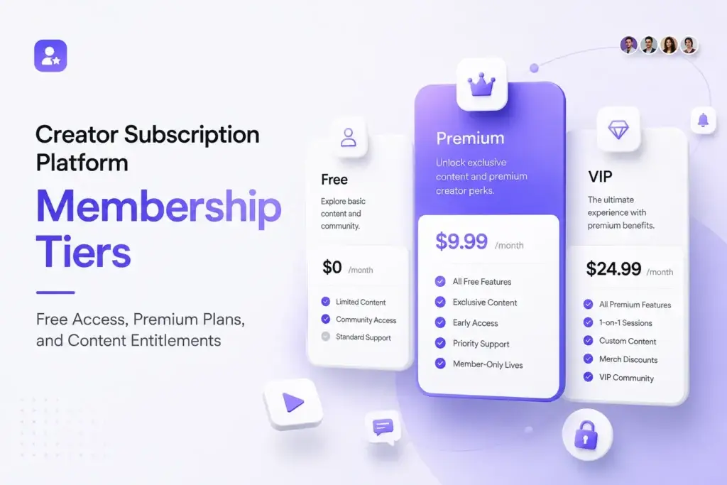 Creator subscription platform membership tiers showing free, premium, and VIP plans with content entitlements and access levels
