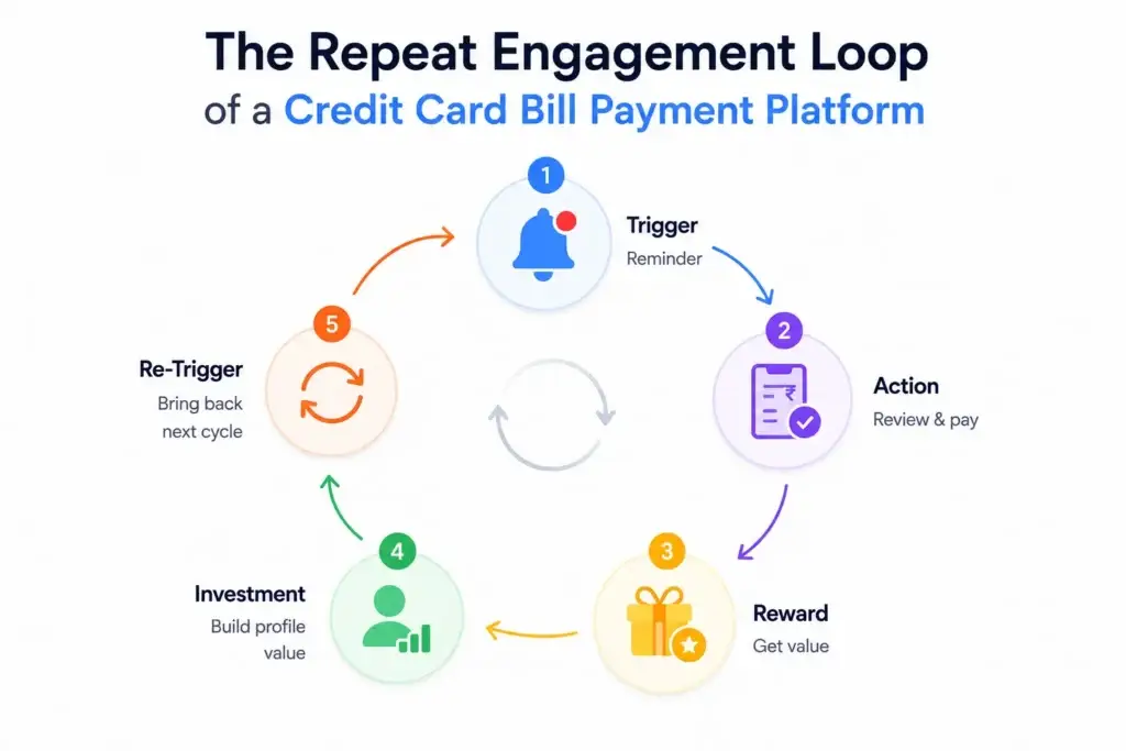 How Can a Credit Rewards Platform Turn Bill Payments Into Repeat User Engagement? 1 Credit card bill payment platform engagement loop showing reminders, bill review and payment, rewards, profile value, and repeat billing cycles.
