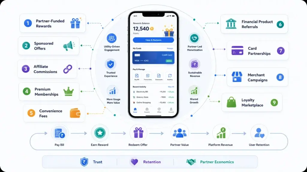 How Credit Rewards Platforms Combine Card Management, Bill Payments, and Loyalty in One App 2 Credit card bill payment and rewards app monetization model with partner-funded rewards, sponsored offers, affiliate commissions, memberships, referrals, card partnerships, merchant campaigns, and loyalty marketplace