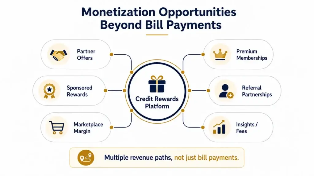 Credit Rewards Platform vs Traditional Credit Card App: Which Offers More Value Beyond Bill Payments? 2 Credit rewards platform monetization showing partner offers, sponsored rewards, premium memberships, referrals, marketplace margins, and insight fees