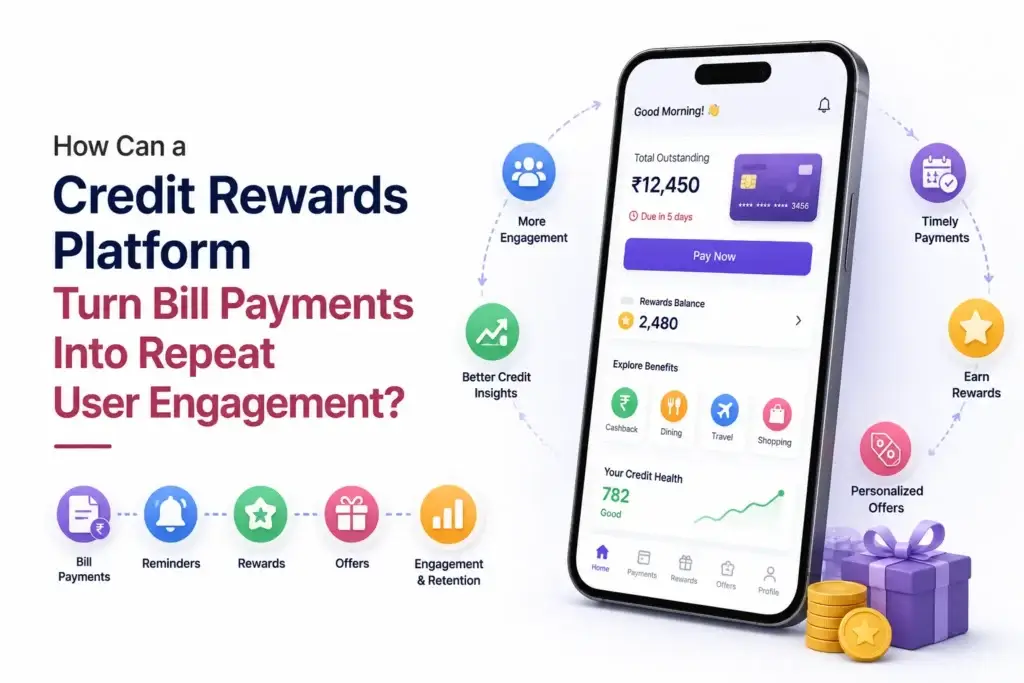 Credit rewards platform showing bill payments, reminders, rewards, personalized offers, credit insights, and repeat user engagement.