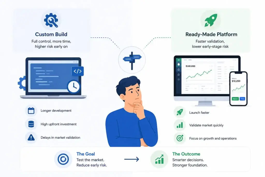 Ready-Made Brokerage Platform vs Custom Trading Platform: Which Is Better for Fintech Startup Validation? 1 Custom build vs ready-made trading platform comparison for faster market validation and lower early-stage risk.