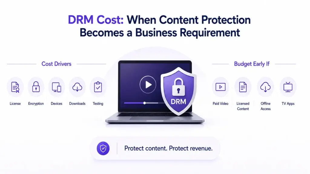 Video Streaming Platform Cost Drivers: Playback, DRM, Payments, and Multi-Device Support 1 DRM cost for video streaming platforms showing licensing, encryption, device support, offline downloads, testing, and premium content protection