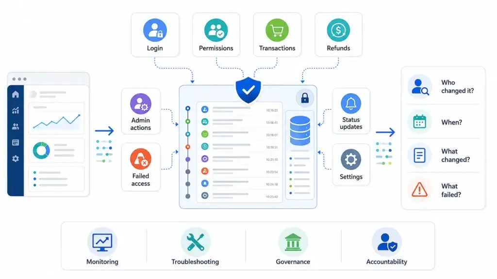 The 7 Types of Application Software B2B Buyers Demand 2 Enterprise audit log infographic showing login, permissions, transactions, refunds, admin actions, failed access, status updates, settings, secure activity records, monitoring, troubleshooting, governance and accountability.