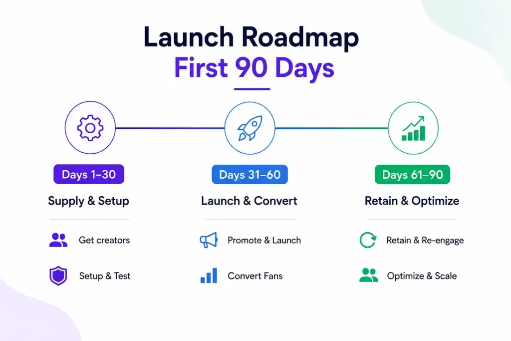 Fan Monetization Platform Go-to-Market Strategy: Creator Acquisition, Fan Conversion, and Retention 2 Fan monetization platform 90-day launch roadmap covering creator supply, setup, fan conversion, retention, optimization, and scaling.