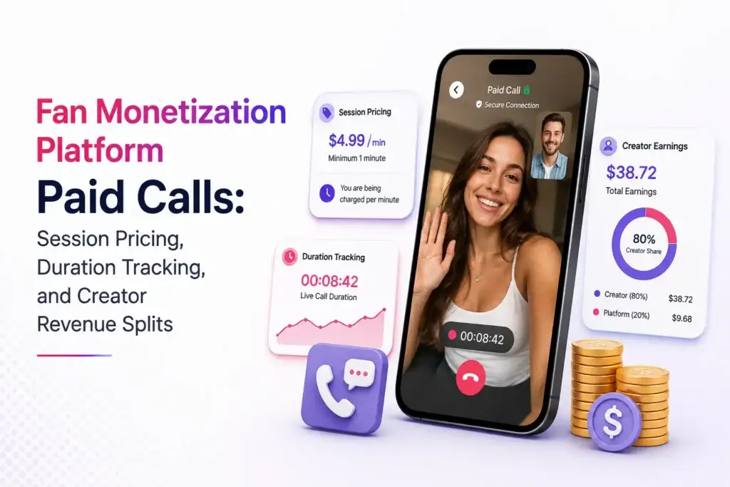 Fan monetization platform paid calls with session pricing, duration tracking, creator earnings, and revenue split management.