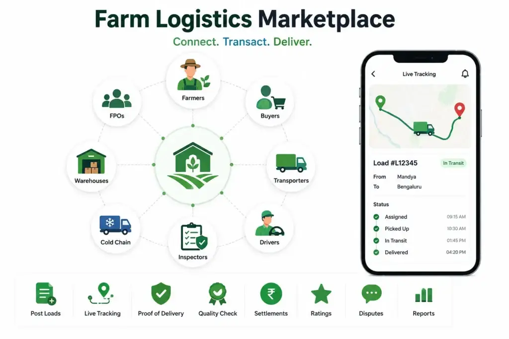 Agricultural Transport Management Software vs Farm Logistics Marketplace: Which Model Fits Your Supply Chain? 1 Farm logistics marketplace connecting farmers, FPOs, buyers, transporters, warehouses, drivers, and inspectors with live shipment tracking.