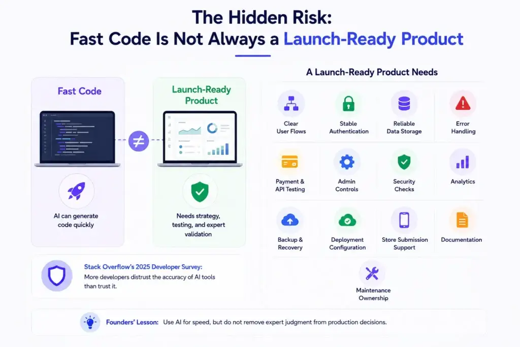 AI App Builder vs Traditional Development: Which Approach Is Better for Fast Product Launches? 2 Hidden risks of fast AI-generated code compared with a launch-ready product requiring authentication, security, testing, backups, analytics, and maintenance
