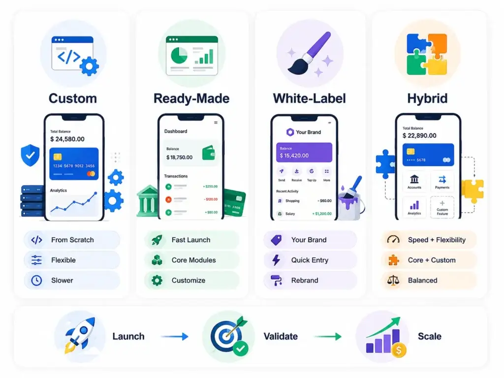 Multi-Currency Payment Platform for Fintech Startups: FX, Wallets, Transfers, and Compliance 2 Fintech platform development approaches comparing custom, ready-made, white-label, and hybrid solutions for launch speed, flexibility, branding, and scalability
