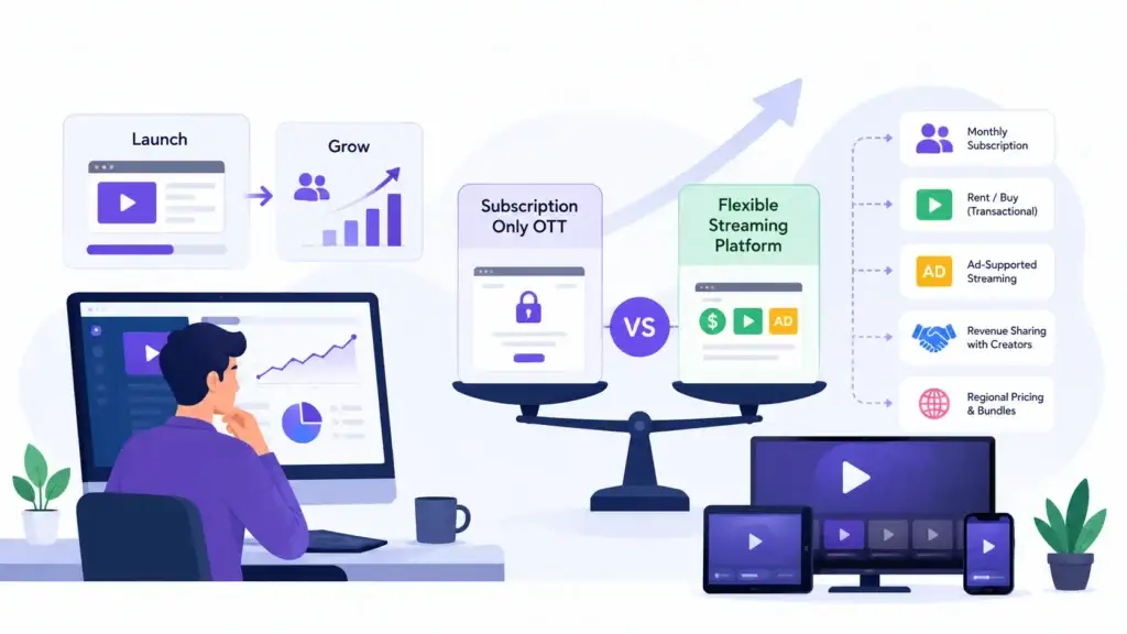 Video Streaming Platform vs Subscription-Only OTT Software: Which Gives Operators More Flexibility? 1 Flexible video streaming platform vs subscription-only OTT showing subscriptions, transactional rentals, ads, creator revenue sharing, and regional pricing