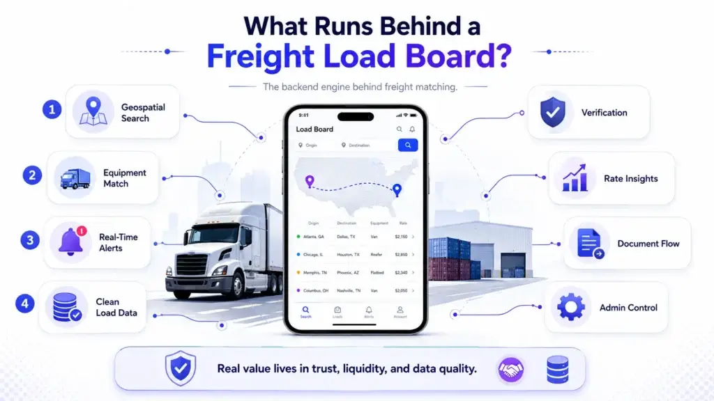 What Is a Freight Load Board? How They Work, What They Cost, and How Carriers Get Paid 1 Freight load board backend features including geospatial search, equipment matching, real-time alerts, verification, rate insights, document flow, and admin control