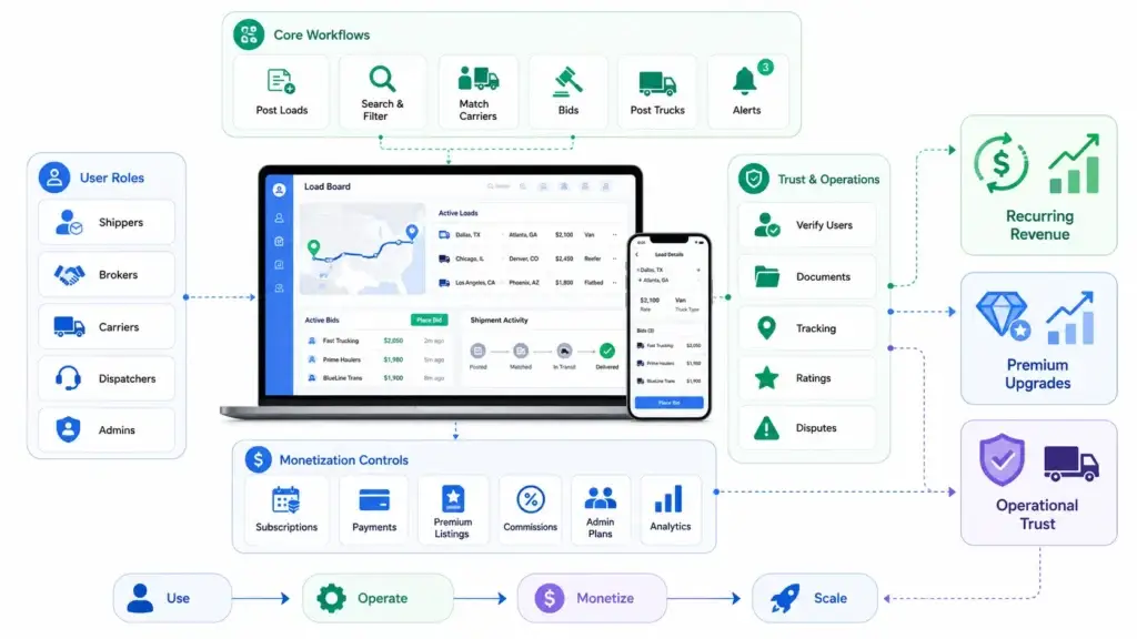 How Load Board & Freight Marketplace Apps Make Money: The Business Model Explained 2 Freight marketplace monetization model with subscriptions, payments, premium listings, commissions, and analytics