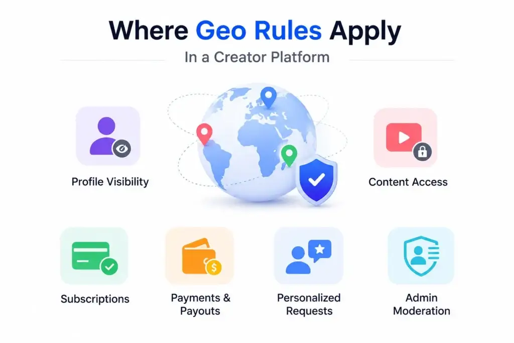 Fan Monetization Platform Age Verification and Geo-Blocking: Controls for Regional Operations 2 Geo rules in a creator platform controlling profile visibility, content access, subscriptions, payments, payouts, requests, and admin moderation.
