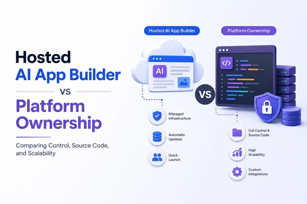 Hosted AI app builder vs platform ownership comparison for control, source code, scalability, infrastructure, and customization.