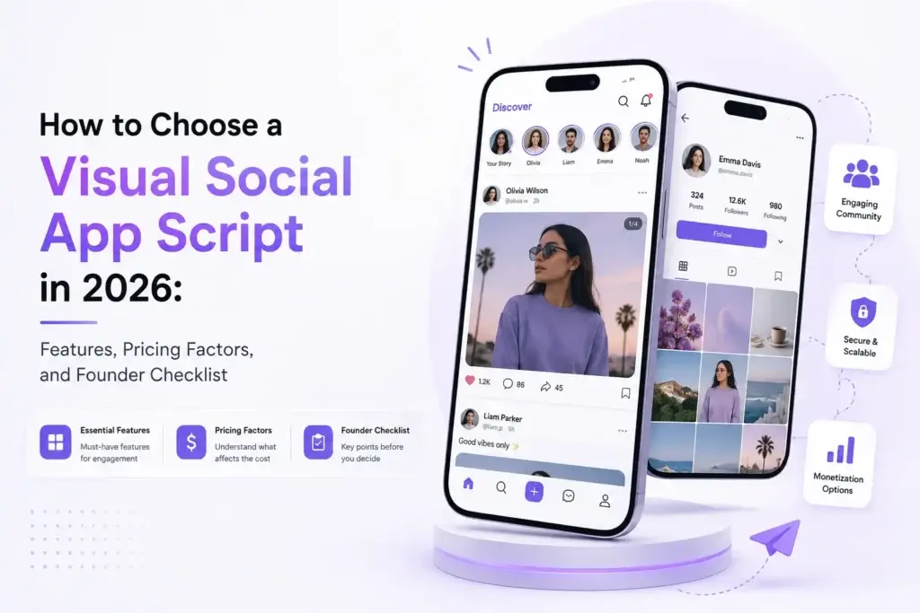 Visual social app script selection guide showing social feed, user profiles, community engagement, security, monetization, and pricing factors