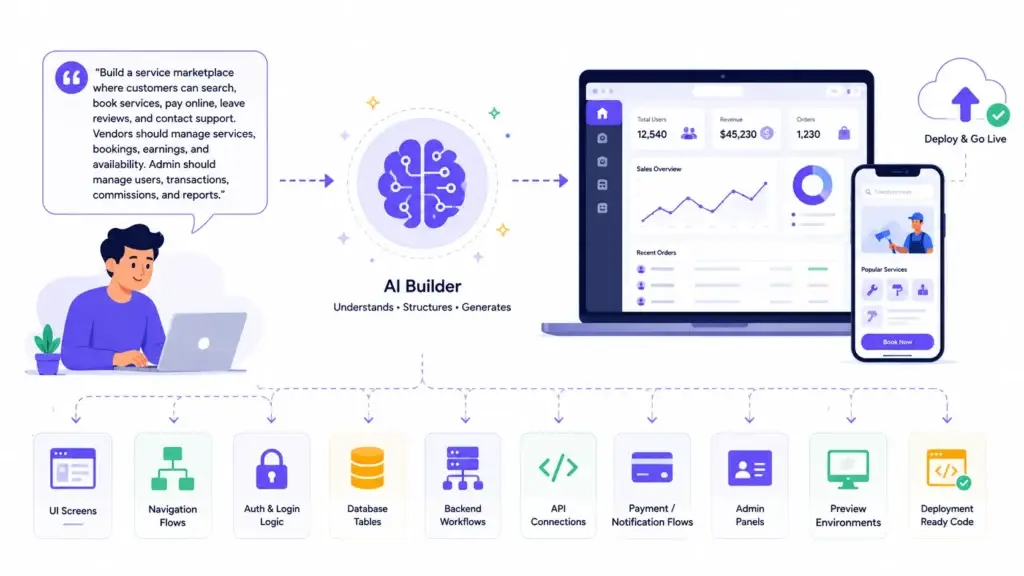 How Do Prompt-to-App Platforms Turn Natural Language Into Working Applications? 2 Better AI app builder prompt checklist covering app type, target users, user roles, workflows, admin controls, monetization, integrations, security, reporting, and design direction