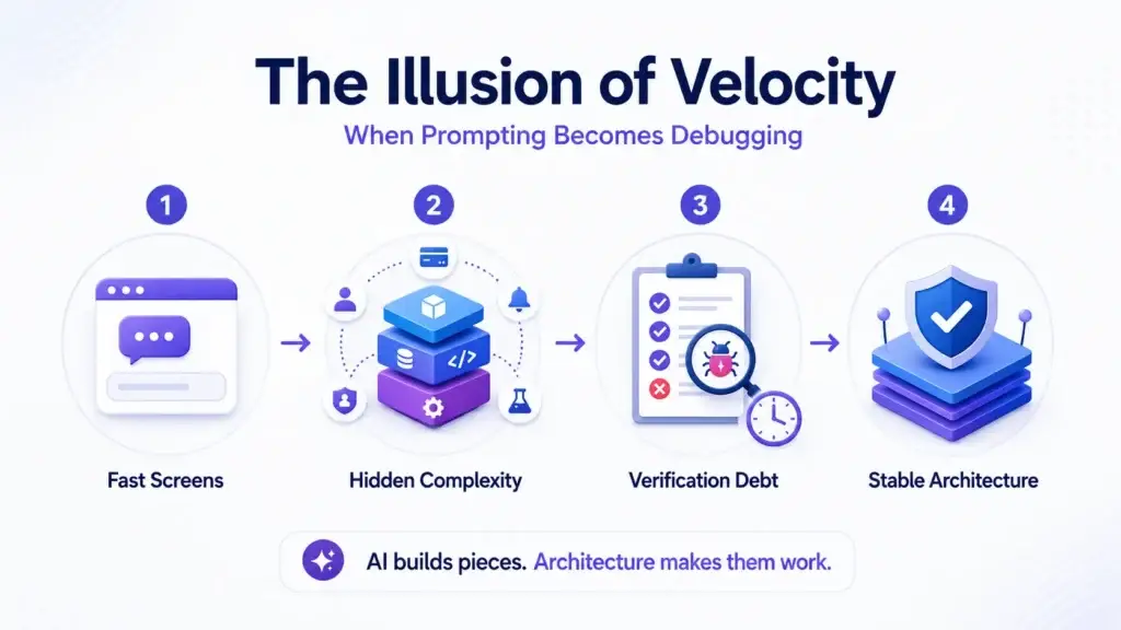 The Hidden Cost of Endless Prompting: Analyzing AI Developer Fatigue 1 The illusion of velocity in AI development, showing how fast prompting can lead to hidden complexity, verification debt, and the need for stable architecture