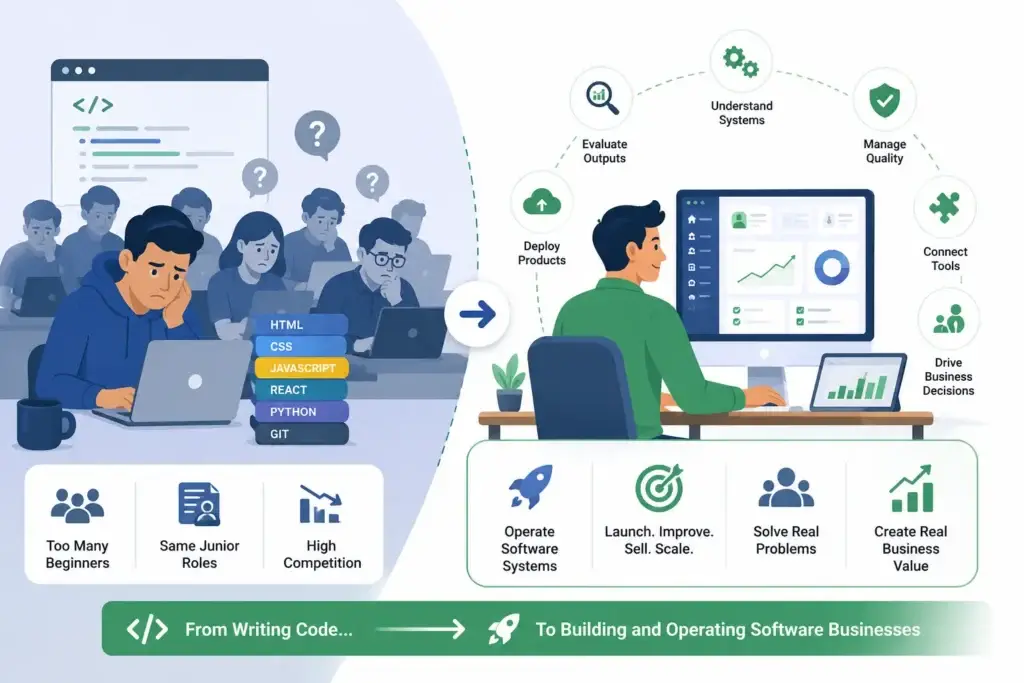 Is 25 Too Late to Start Coding? Why You Should Focus on Deployment Instead 1 Non-technical founder app development infographic showing crowded junior developer learning path with HTML, CSS, JavaScript, React, Python and Git moving toward system operator skills such as deploying products, evaluating outputs, understanding systems, managing quality, connecting tools and driving business decisions.