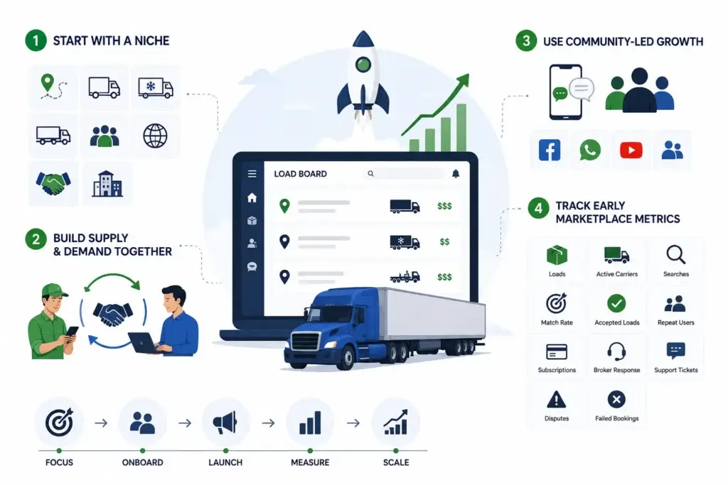 Best Load Board Software 2026: Launch a Scalable Freight & Trucking Platform 2 Load board marketplace growth strategy showing niche selection, supply and demand onboarding, community-led growth, and early marketplace metrics